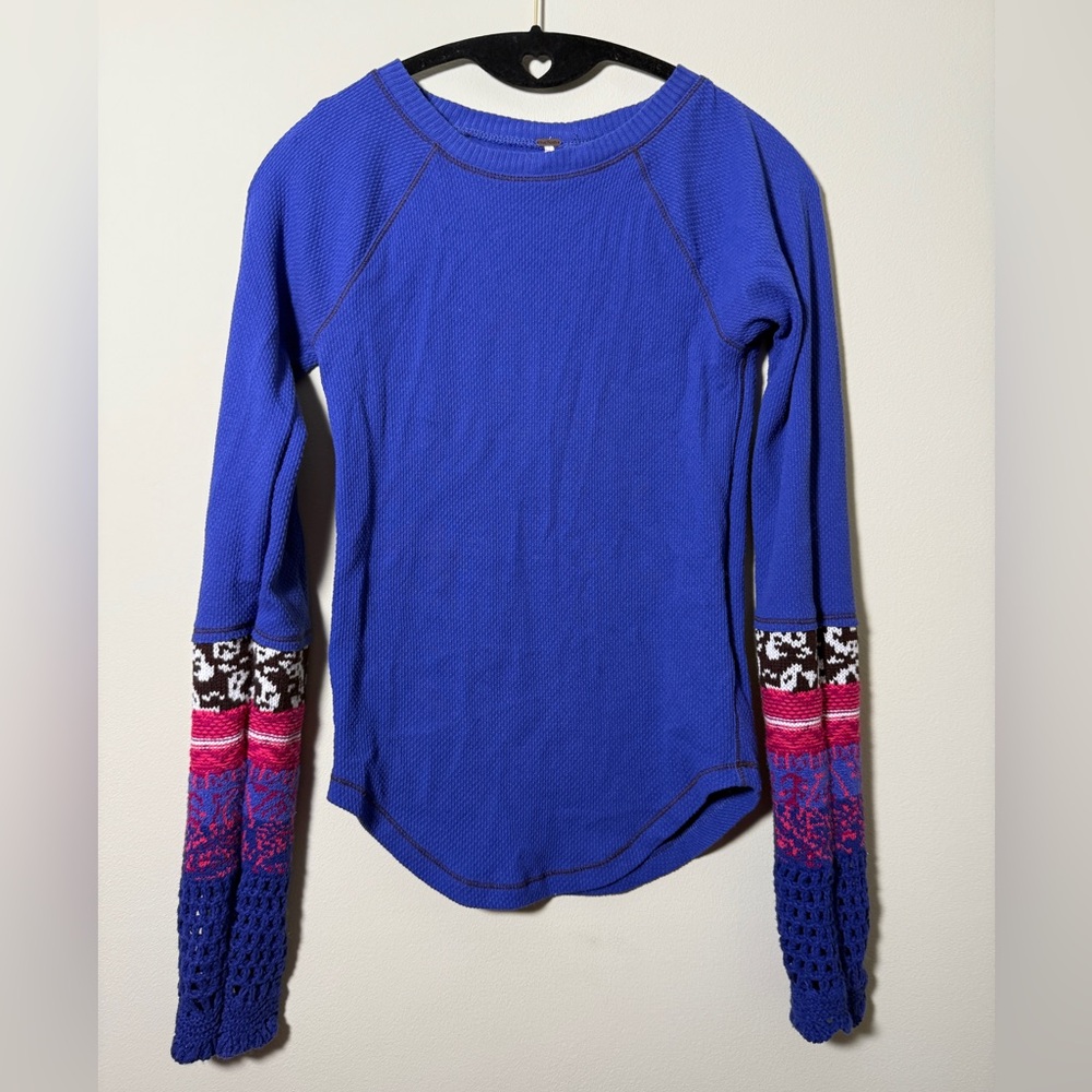 Free People Royal Blue and Pink Long Sleeve Top